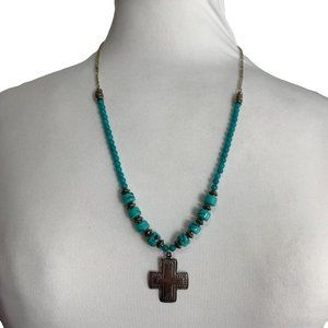 Faux Turquoise Beaded Necklace Sterling Silver 925 Cross Pendant 24"